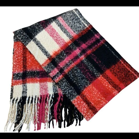 Indigo Black ivory red and pink plaid check blanket scarf - Picture 3 of 9